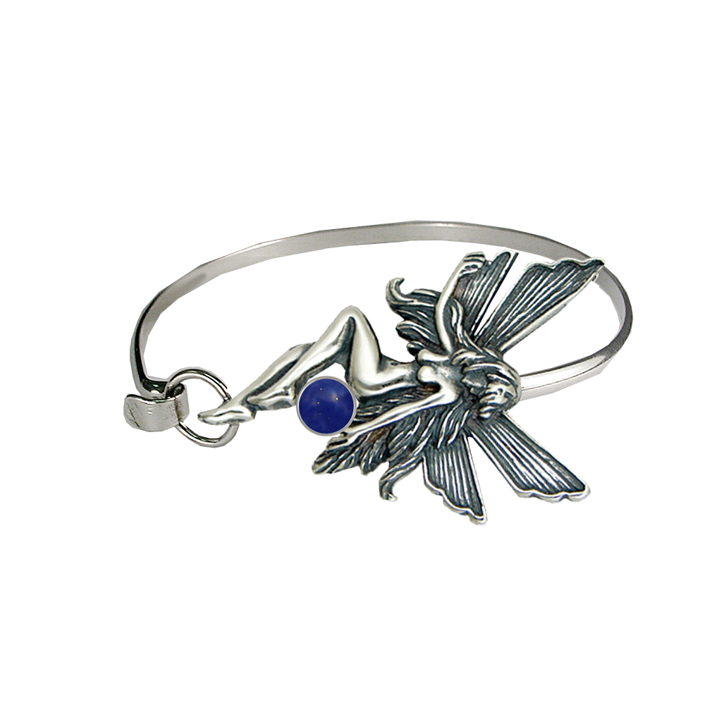 Sterling Silver Fairy Strap Latch Spring Hook Bangle Bracelet With Lapis Lazuli